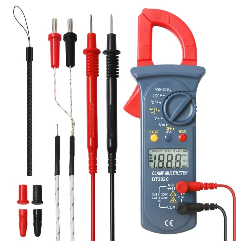 

DT202C Digital Clamp Meters /DC Current Voltage Auto Range Resistance Continuity Temperature Tests Multimeter Diode