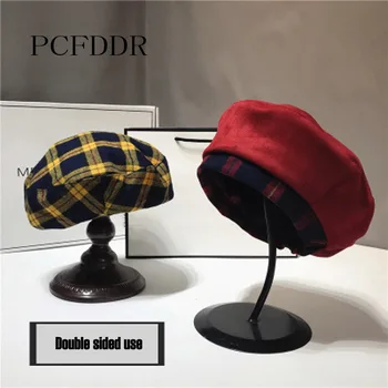

PCFDDR Double-sided beret-wearable British Vintage Plaid suede painter's cap.