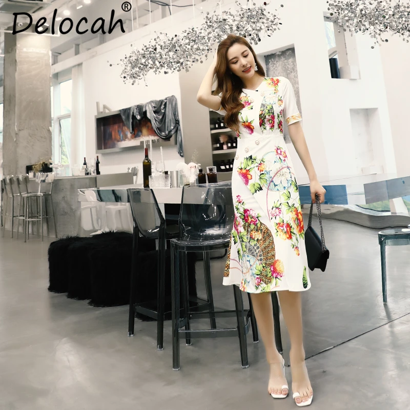 Delocah Women Spring Summer Dress Runway Fashion Designer V-Neck Ruffles Floral Printed Elegant Vintage Mermaid Party Dresses
