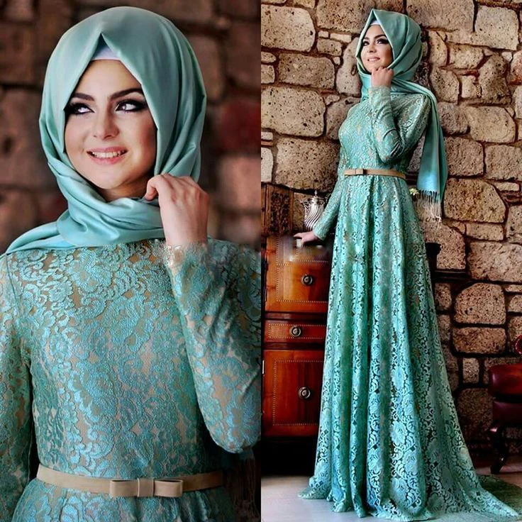 3 Colors Lace Muslim Evening Dresses Floor Length Full Sleeves Sash Long Evening Dresses font b