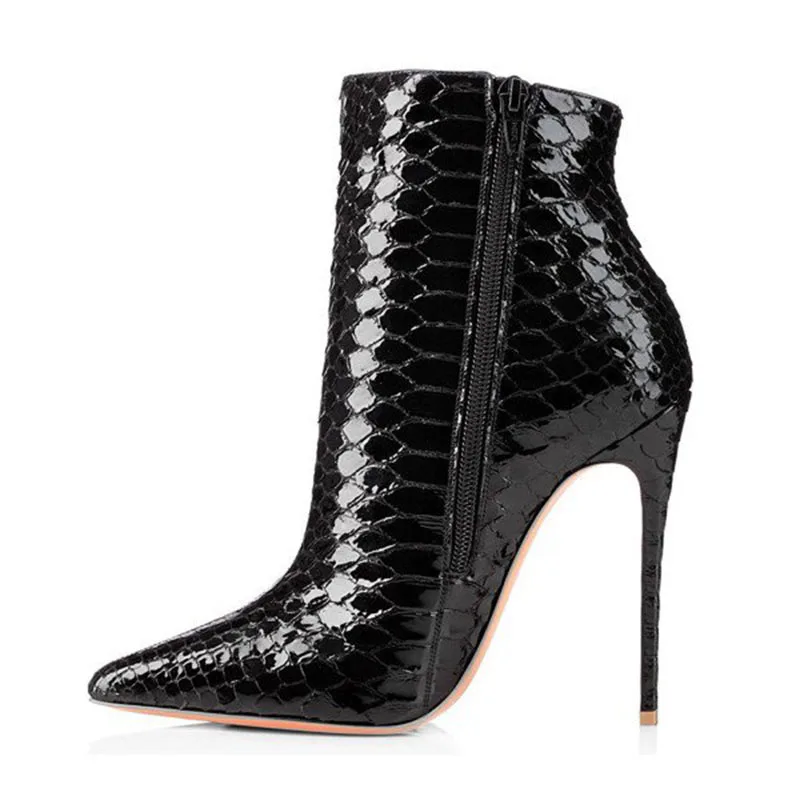 Модные ботильоны черного и красного цвета; женские туфли из лакированной кожи на высоком тонком каблуке с острым носком; пикантная женская обувь на молнии с геометрическим рисунком; размер 42 FSJ - Цвет: FSJ01