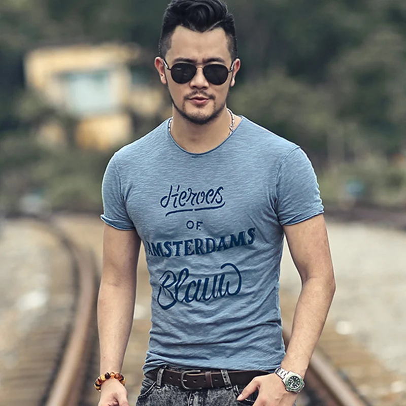 

Men's Summer Bamboo Cotton O Neck Printed Letters Short Sleeve T-shirt Men's Casual Quick Dry Slim European Style Top Tees T503