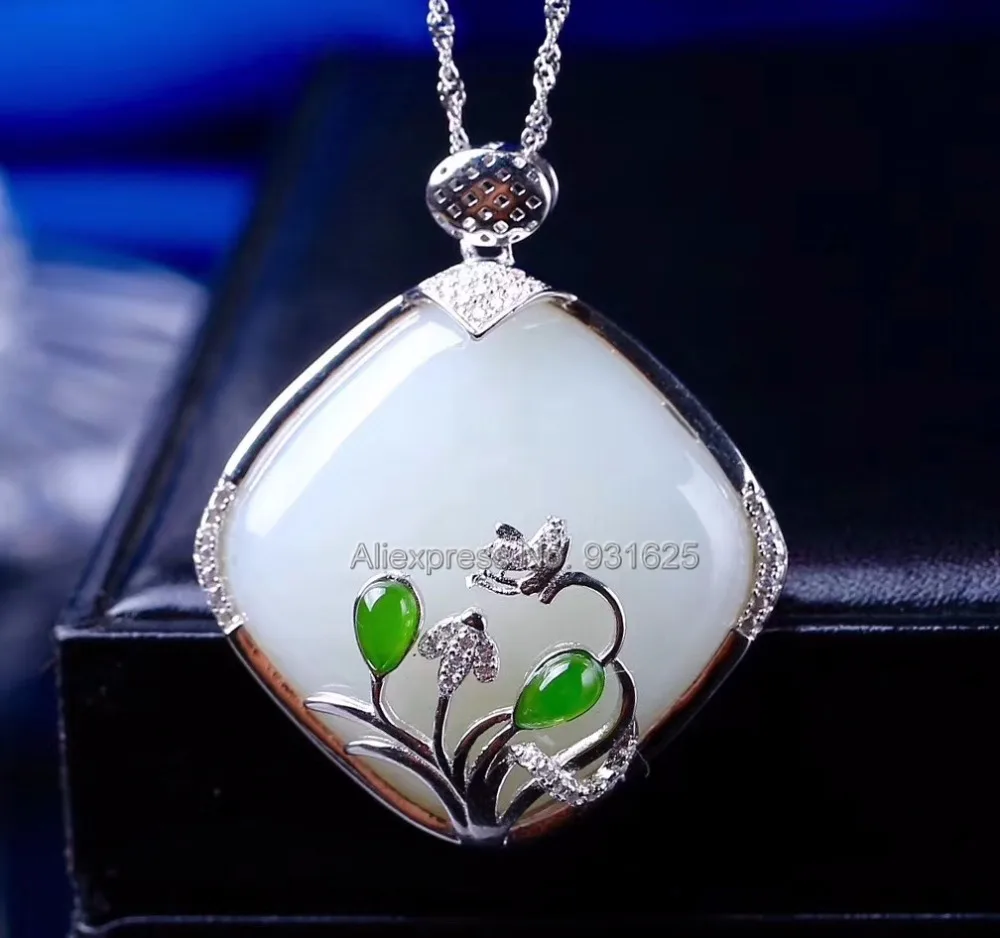 

925 silver Natural White Green HeTian Yu Handmade Flower Rhombus Design Lucky Pendant Necklace + certificate Fashion Jewelry