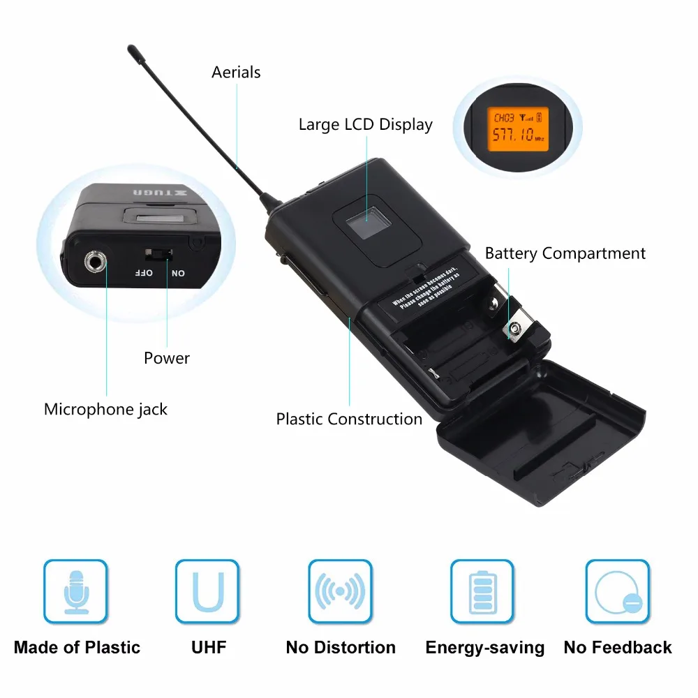 XTUGA, A-400, металлический материал, 4-канальный UHF беспроводной микрофон, система с 4 поясными частями для сцены, церкви, семьи, вечерние, маленькие, караоке