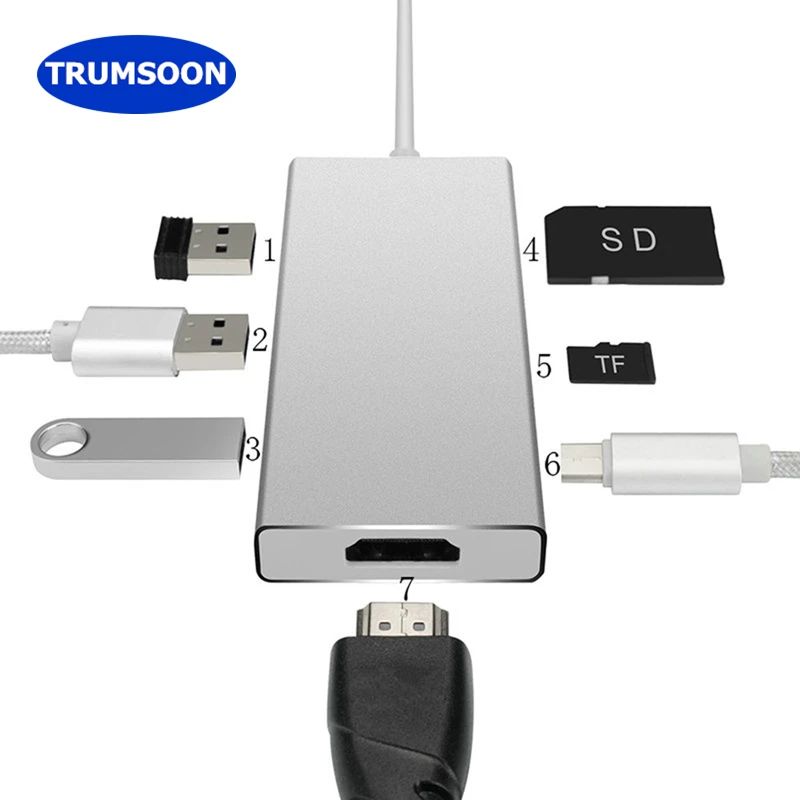 Trumsoon Type-C to HDMI USB 3.0 HUB Adapter SD TF Card Reader Type-C PD Charging for MacBook Samsung Trumsoon Type-C to HDMI USB 3.0 HUB Adapter SD TF Card Reader Type-C PD Charging for MacBook Samsung