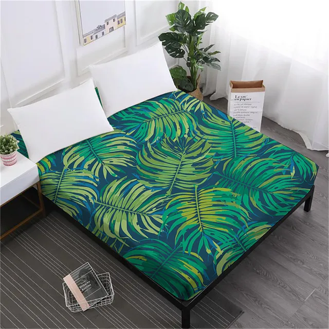 Green Leaves Print Bed Sheet Plant Print Fitted Sheet Deep Pocket