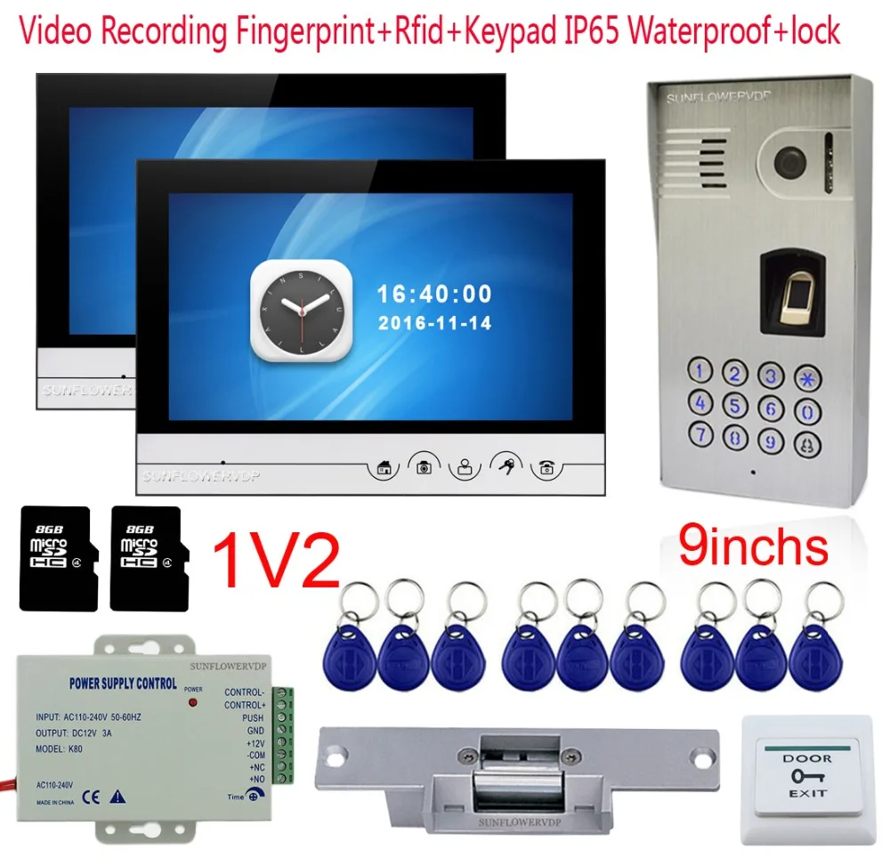 

Fingerprint Intercom IP65 Waterproof Rfid Video-Eye 9" Color 8GB SD Card Recording Monitor 2 Unis Home Video Door Phone + Lock