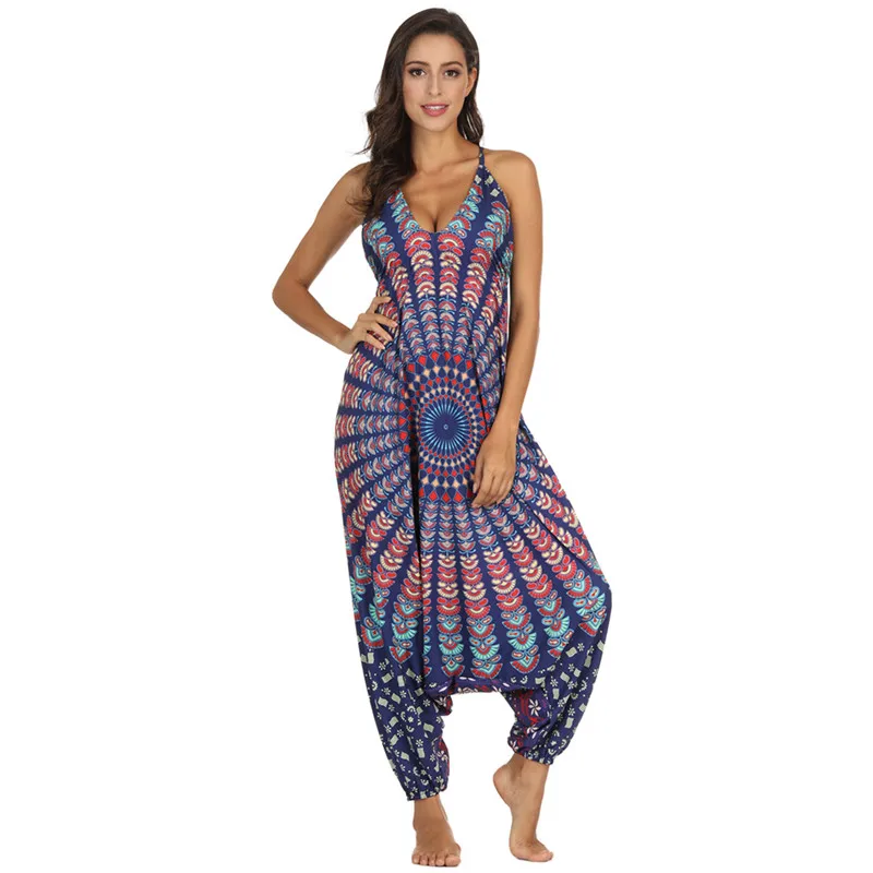 

Bohemian loose jumpsuit Women Sarouel sexy Backless Pop Print Loose Harem Bloomers Summer Hippie Jumpsuits