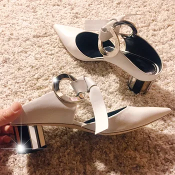 

Sandals Shoes Woman Pointed Toe Soft Leather Grommet Block Heel Mules Bow Tie Lace-Up Slingbacks Shoes Woman Casual Dress Shoes