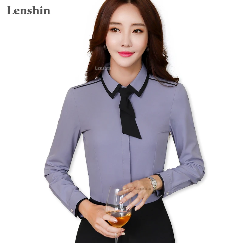 Lenshin gris cravate chemise haut pour femme bouton de couverture à manches  longues noeud contraste col Blouse bureau dame Style vêtements d'affaires  formels | AliExpress