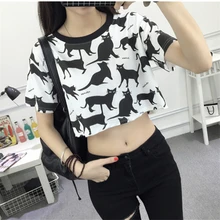 2018 Summer Harajuku Fashion Crop Top Students Cartoon Cat Printed Female T-shirt Casual Slim New Funny Tee Shirts White Pink XL
