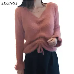 Новый женский 2018 осень-зима норки кашемира пуловеры; свитеры Для женщин с длинным рукавом свитера с v-образным вырезом Трикотажные топы