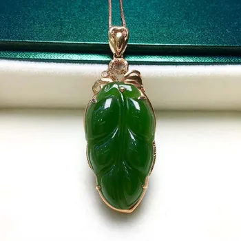 

18K gold inlaid with Hebi jade gold jade leaf pendantJ19#
