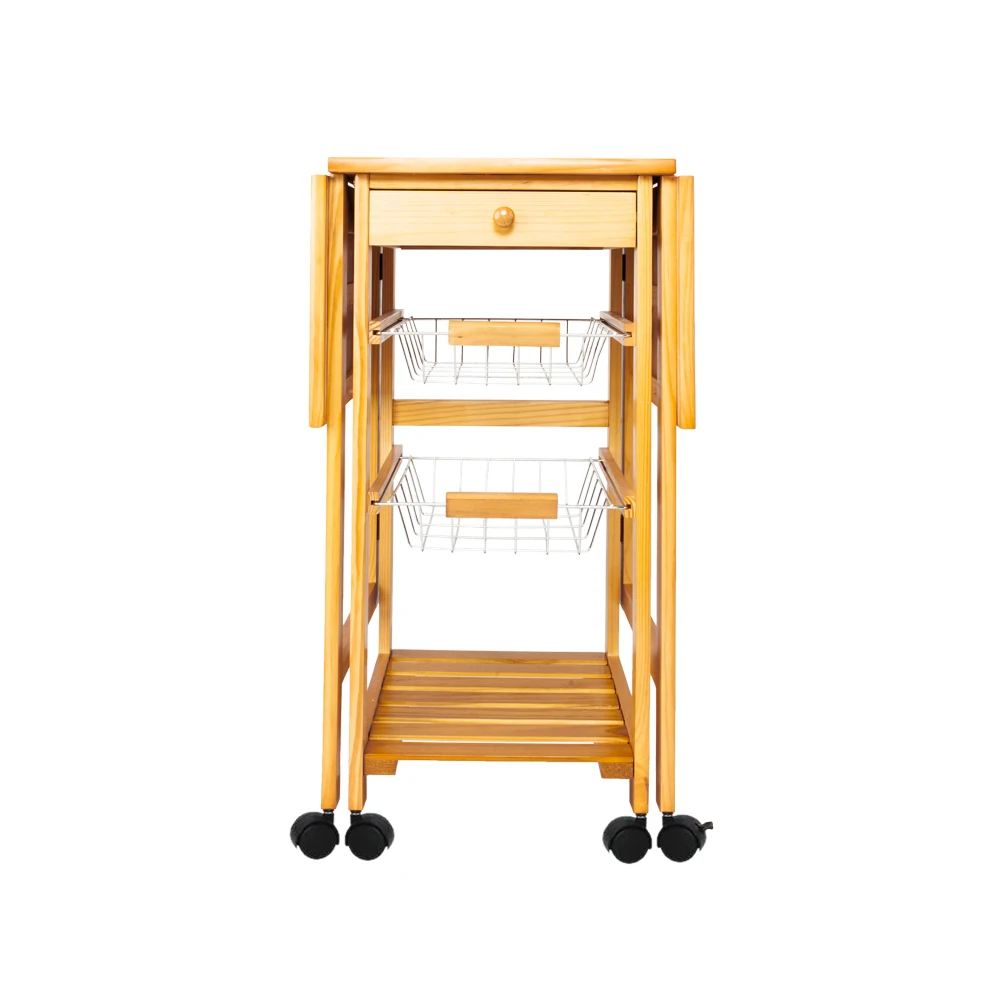 

Lovinalnd Portable Rolling Drop Leaf Dining Cart Kitchen Storage Trolley Cart Top Wooden Drawer Stand Baskets