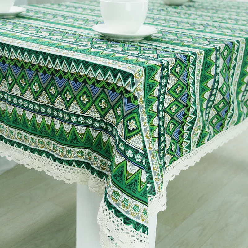 1pcs Geometric Pattern Green Cotton linen tablecloth Wedding Party Table cloth Cover Home decor