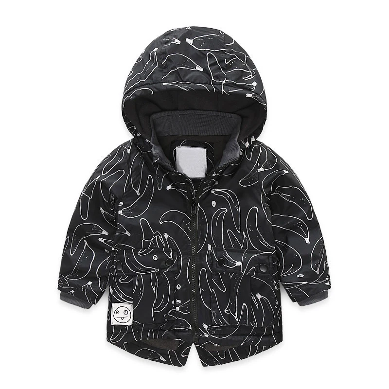 Куртка с капюшоном для маленьких мальчиков и девочек; пальто с принтом банана; зимняя детская ветровка; верхняя одежда из плотного флиса и бархата - Цвет: Черный