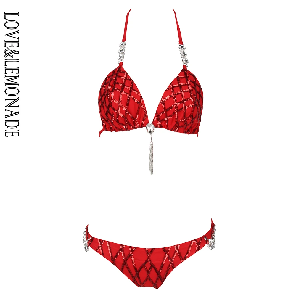 

Love&Lemonade Red geometric pattern sequins diamond chain BIKINI TB 10161