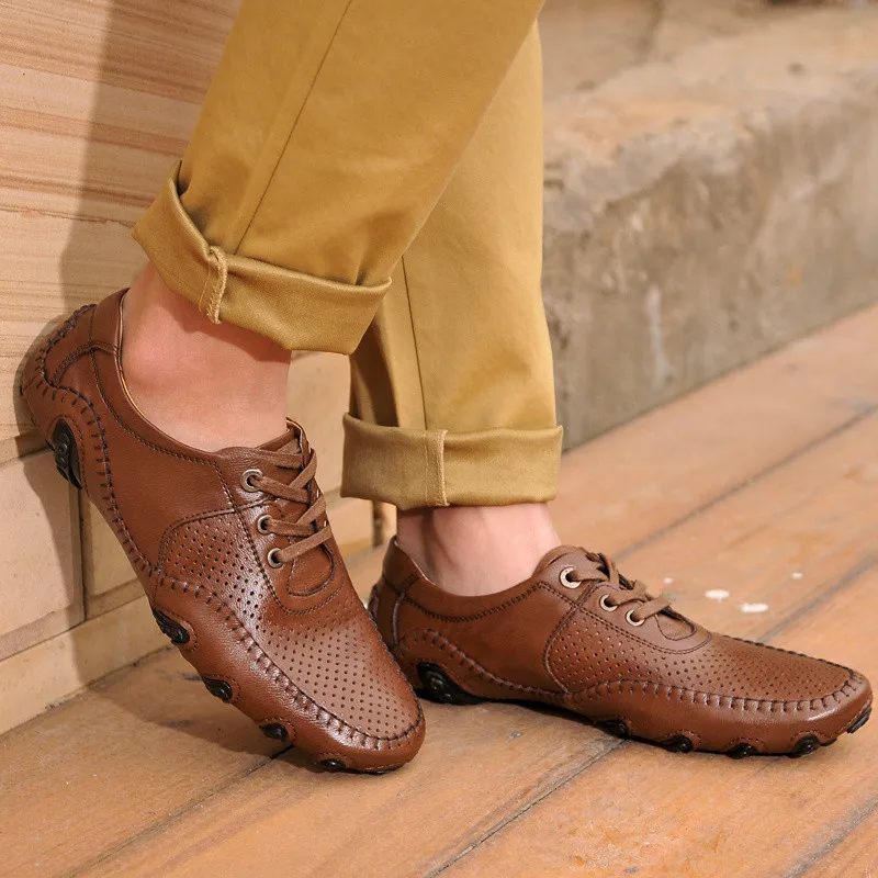 Летние Обувь Для мужчин дышащая мужская кожаная обувь Повседневное Кружево на шнуровке высокое качество