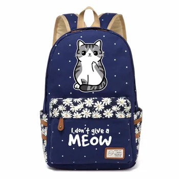 

WISHOT meow lovely cute cat Canvas bag Flower wave point Rucksacks backpack Girls women School Bag travel Shoulder Bag funny