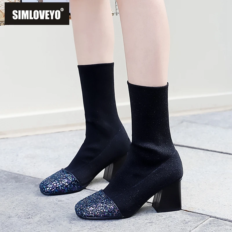 

SIMLOVEYO New Arrival Thick High heels Women shoes Round toe Knitting Shoes Spring Shoes Stretch Boots Opening Solid B730