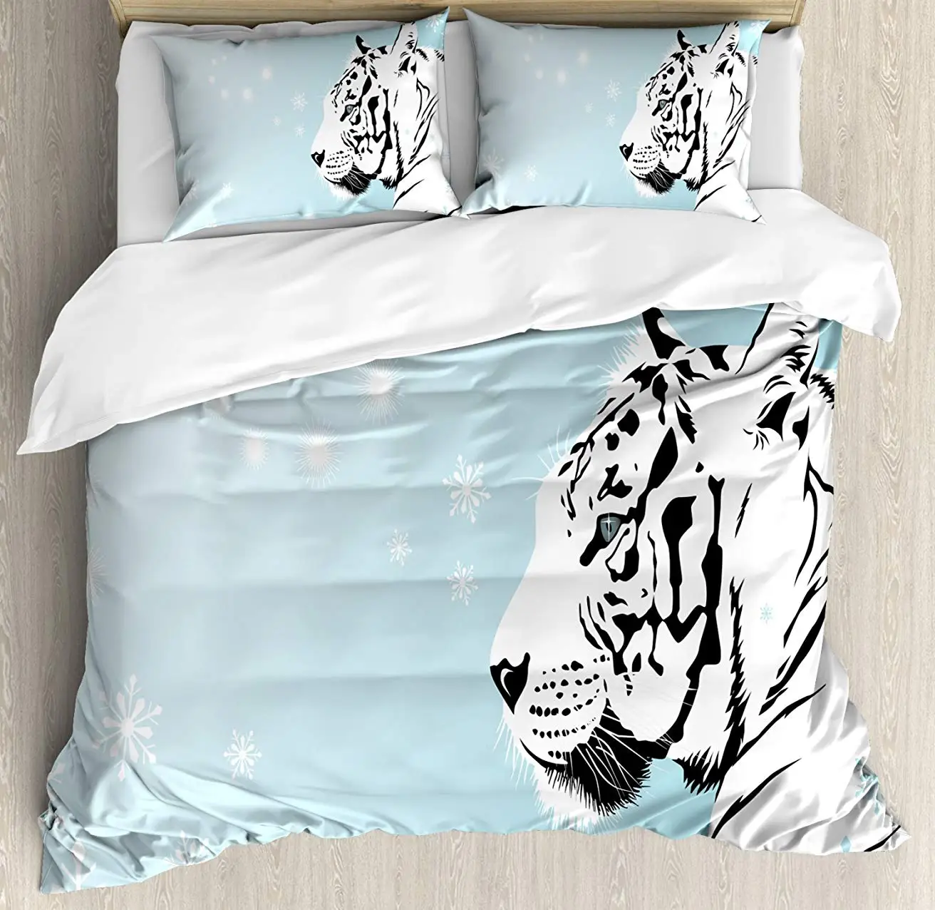 

Tiger Duvet Cover Set White Bengal Beast Lies against Snowy Background Beautiful Eyes Majestic Nature 3 Piece Bedding Set