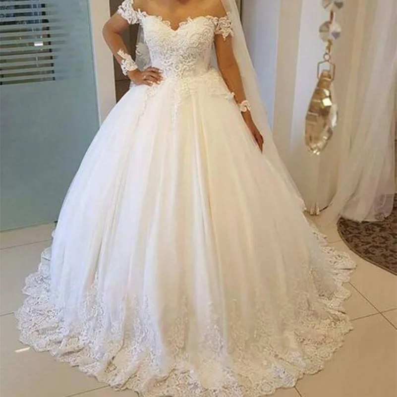 

Robe De Mariee Wedding Dress Ball Gown Off Shoulder Long Sleeves Wedding Gown Beaded Applique Bridal Dresses 2019 bruidsjurken