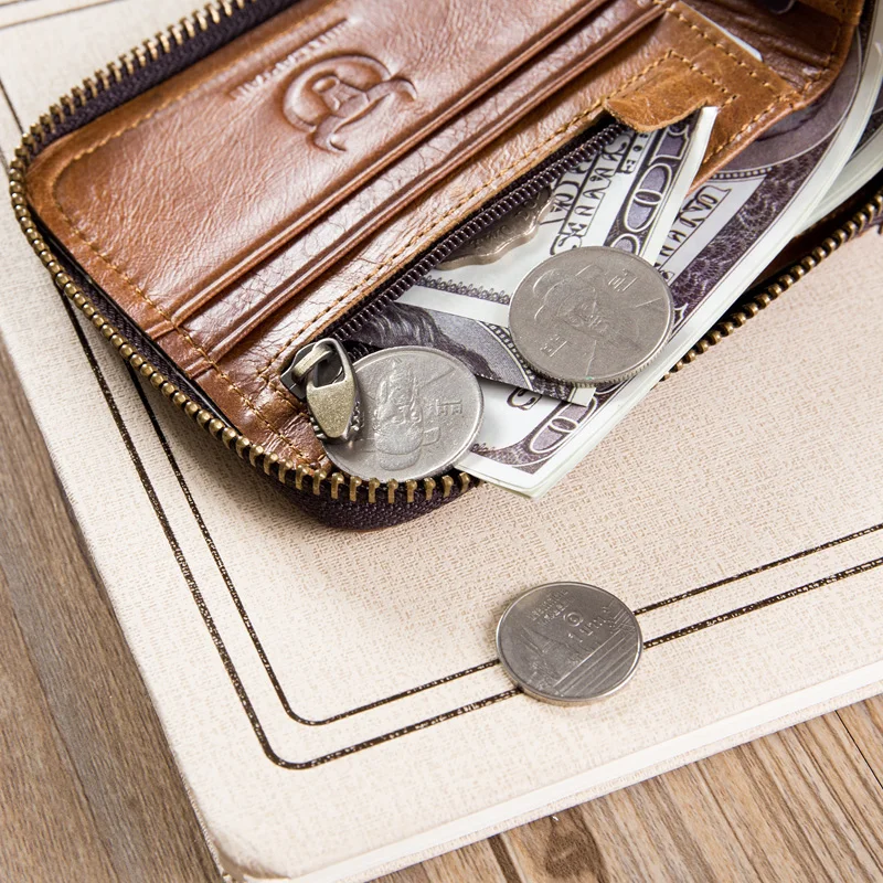 Genuine Leather Men's Wallets Small Coin Pocket Purse Retro Zipper Wallet Cowhide Leather Card Holder Pocket Purse Men Wallets