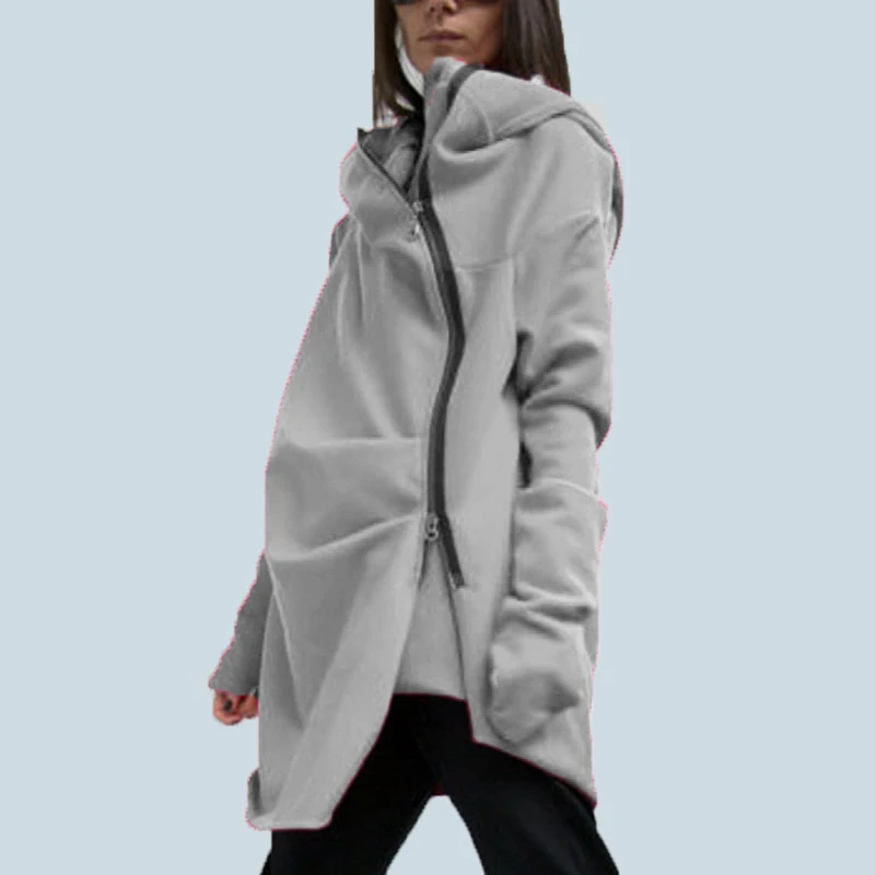 Light Grey S-5XL, ZANZEA, большие размеры, женская мода, свободный, Повседневный, ассиметричный подол, на молнии, толстовка с капюшоном, пальто, верхняя одежда, куртка, толстовка - Цвет: Light Grey
