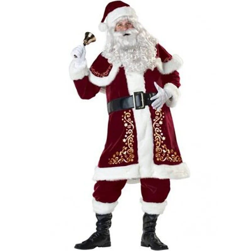 Взрослый мужской роскошный костюм Санта-Клауса, бархатный Рождественский костюм, маскарадный костюм, борода и парик