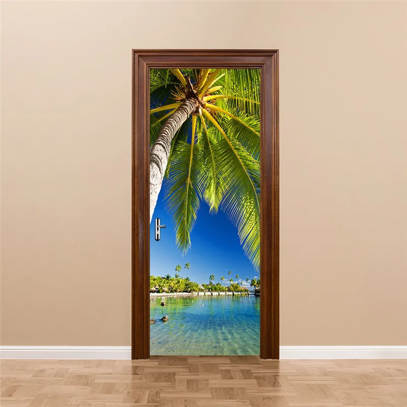 3D водонепроницаемые дверные наклейки Гостиная двери Творческий Self-декоративная наклейка на берегу озера пальмовое дерево двери Восстановленное стены Стикеры