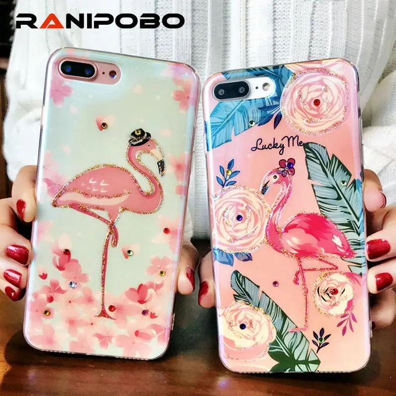 

Luxury laser Blu-ray Flamingos Pattern Phone Case For iphone X 6 6S Plus 7 7Plus 8 8Plus Fashion diamond shining Back Cover