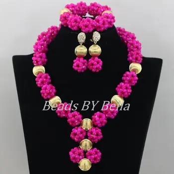 

2017 Hot Opaque Fuchsia Crystal Beads Balls Necklace Nigerian Wedding African Beads Bridal Jewelry Sets Free Shipping ABF452