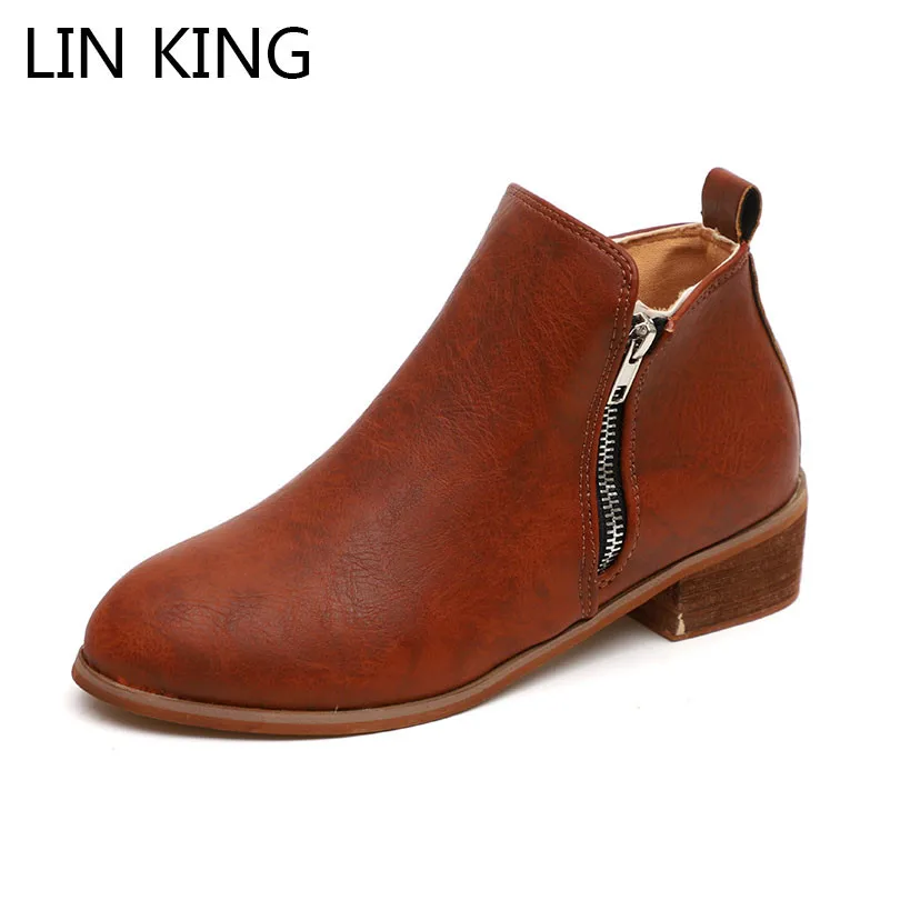 

LIN KING Plus Size Women Short Boots Spring Autumn Round Toe Ankel Botas Punk Zip Ladies Martin Boots Med Heel Short Work Boots