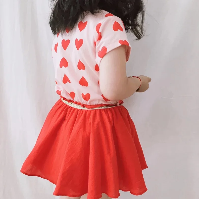 

Summer girls tee dress baby dress kids casual clothes Children vestidos red heart print gold ribbons elastic waist 2 to 7 yrs