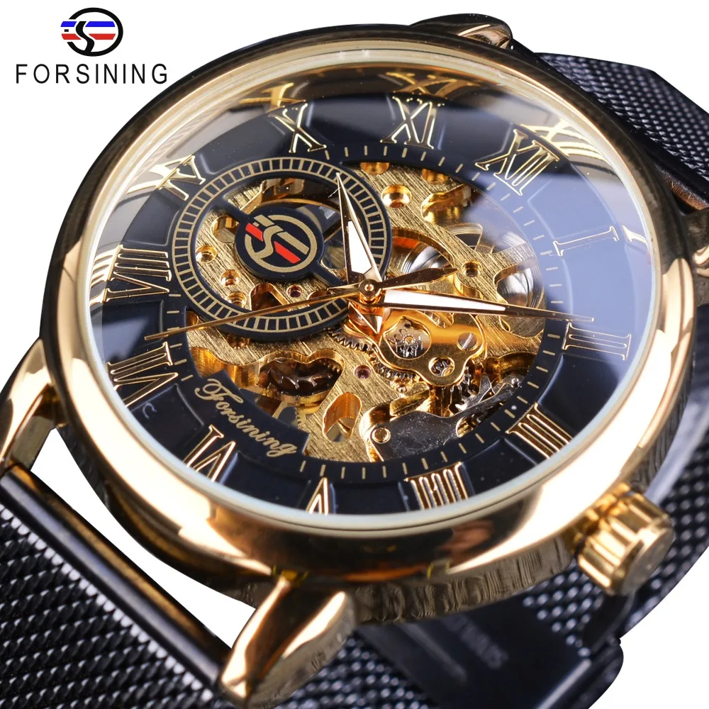 Prix Forsining 2018 Classique Rétro De Luxe 3D Nombre Roman Noir Maille Bande Transparent Hommes Mécanique Squelette Montres Top Marque De Luxe
