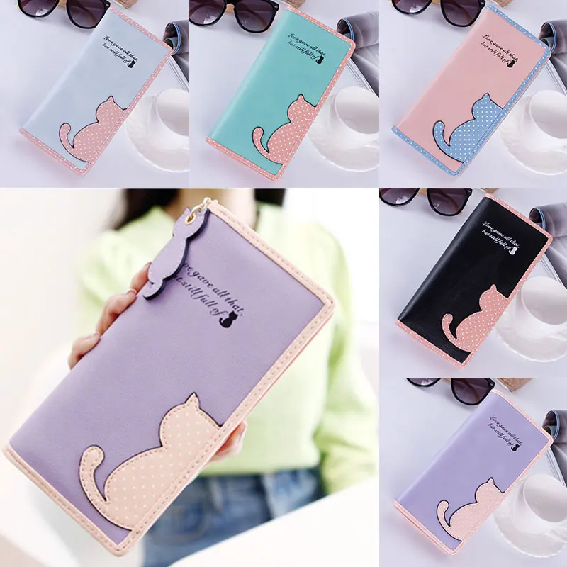  New Women Wallets Long Section Female Cute Cat Hit Color Wave Point Zipper Wallet Student Purse 