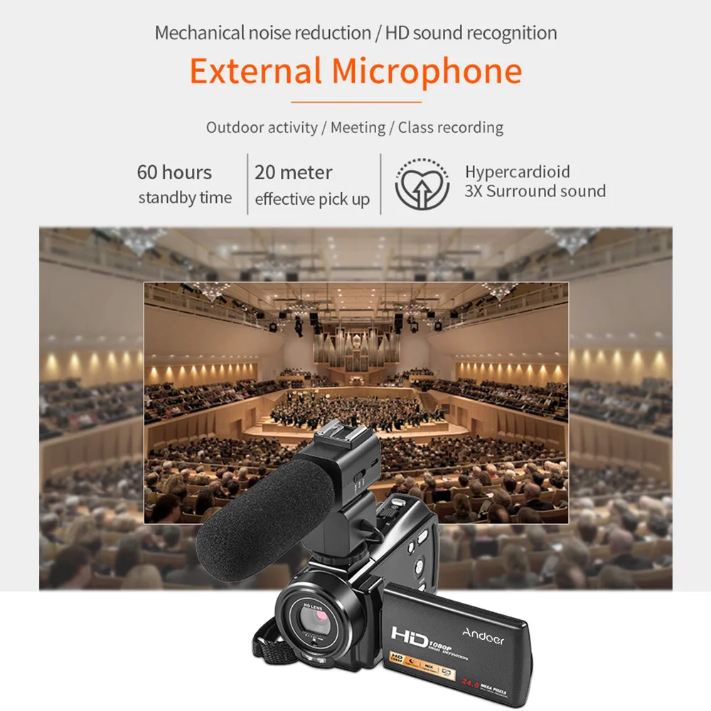 Andoer 1080P Full HD 24 МП Портативная Цифровая видеокамера 0.45X Широкоугольный объектив