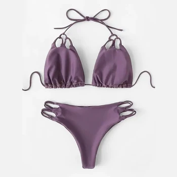 

Women's Sexy Braid Halter Cutout Brazilian 2PCS Bikini Sets Swimsuit Push Up High Cut Removable Padded Cheek Thong Bathing Suit