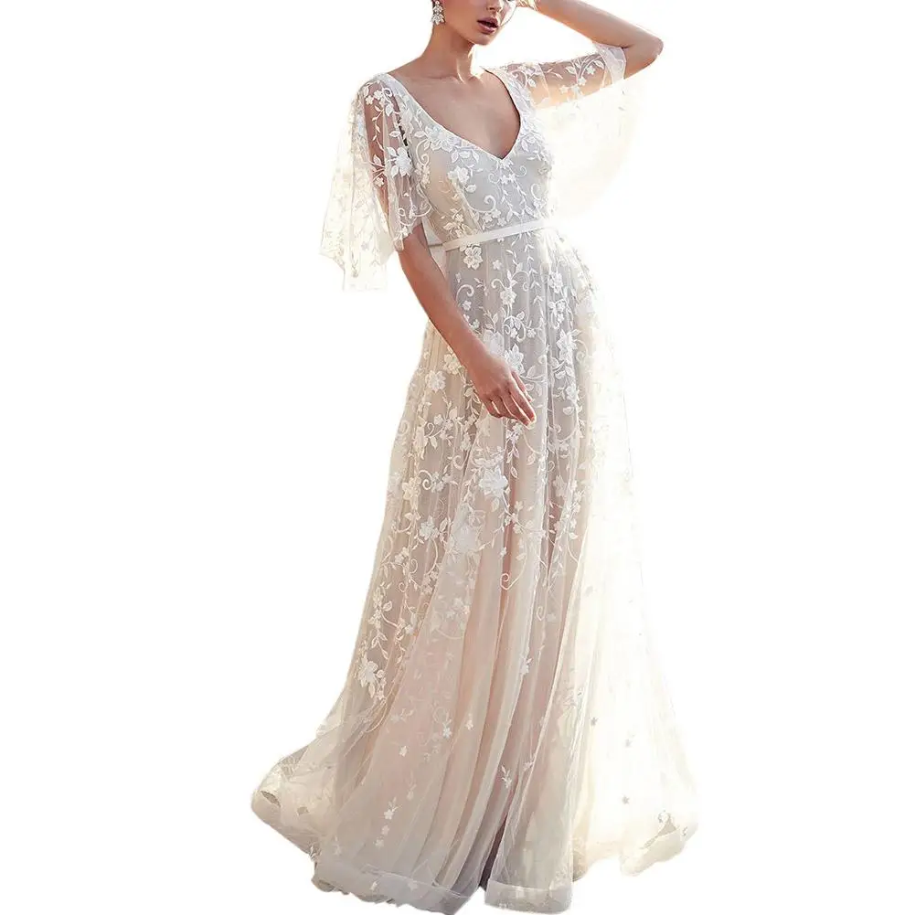 

2019 New Yfashion Women Elegant Lace Sexy V-neck Backless Dress