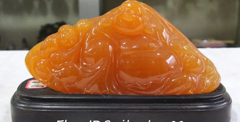 

10" Natural Yellow Agalmatolite Stone Happy Laugh Maitreya Kid Buddha Stand