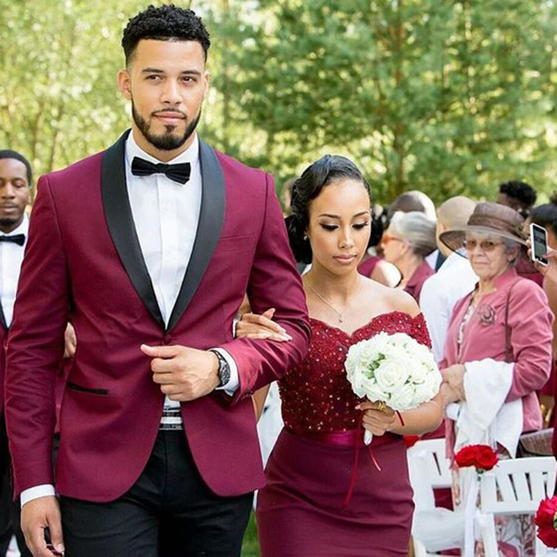 Burgundy Mens Slim Fit Suits Shawl Collar Groom Tuxedos Groomsmen Men
