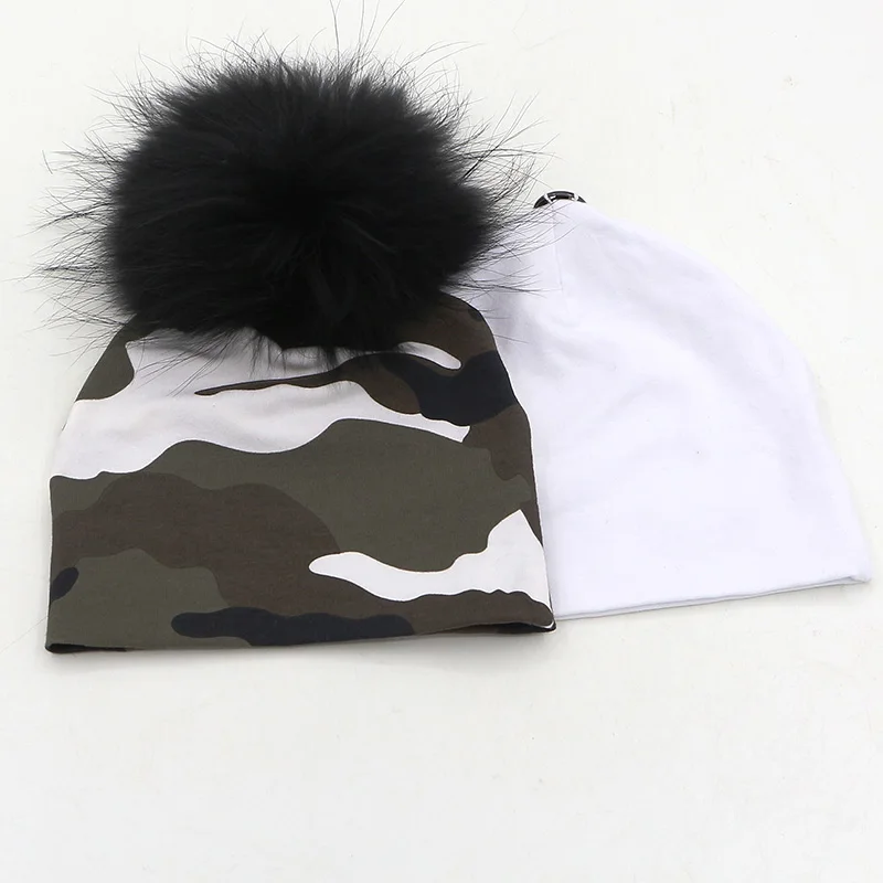 GZHilovingL 2 pcs 0-5 month Baby Girls Boys Cotton hat with Real Fur pompom Hat Autumn Winter Baby Solid Hat Fur Ball Girls