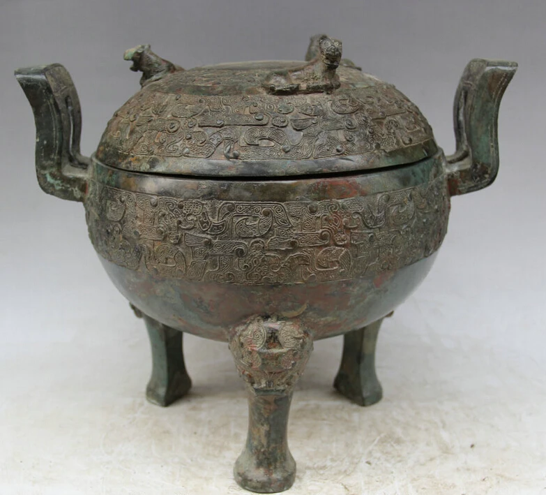 

S2189 14" Old Chinese dynasty Bronze Folk Beast handle food word vessel Pot Jar Crock D0318