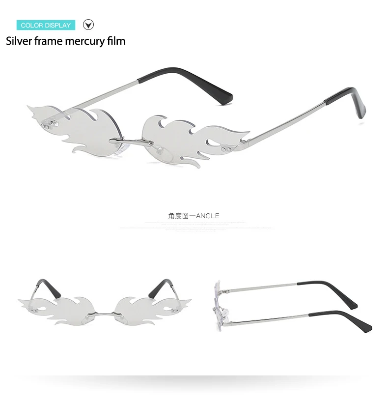 Новые модные солнцезащитные очки без оправы с эффектом пламени для мужчин и женщин, металлические солнцезащитные очки кошачий глаз без оправы, маленькие зеркальные солнцезащитные очки UV400