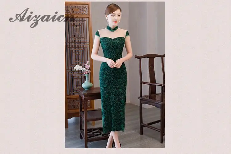 Сексуальная Cheongsam Зеленый Длинные свадебные Qipao Для женщин кружевное вечернее платья китайское традиционное платье халат Восточный Стиль