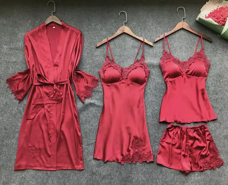 Пижамы 4 шт. женские пижамы наборы атласная шелковая ночная Пижама для сна Lounge Пижама с нагрудными накладками спагетти ремень - Цвет: Wine Red