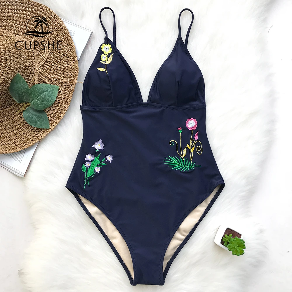 CUPSHE Dark Blue Embroidery One Pieces Swimwear Women Deep V neck