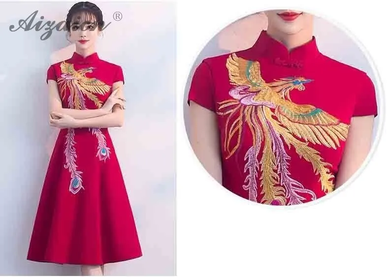 2019 de moda rojo Cheongsam bordado Phoenix Qipao las mujeres chino tradicional boda Vestido tounica estilo Восточный