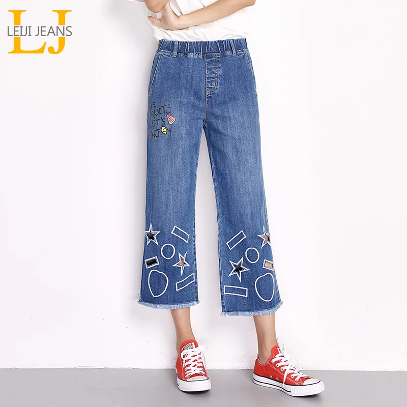 

LEIJIJEANS New Arrival Spring Plus Size Graphic Hollow Embroidery High Elastic Waist Ankle Length Women Wide Leg Jeans 5986