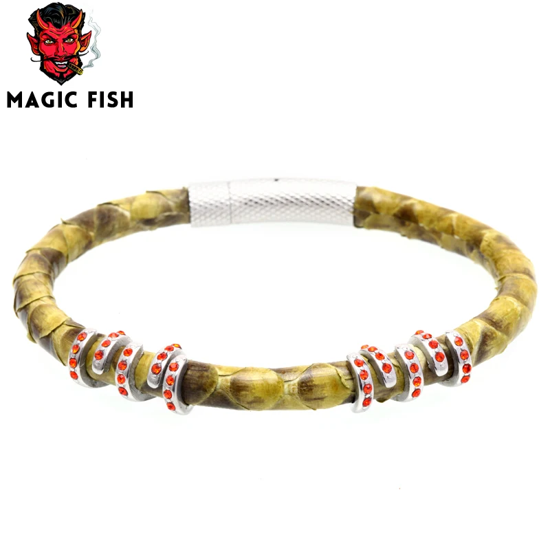 

Magic Fish Leather bracelet Men Genuine python leather Bracelets&bangles 316L Titanium Steel button Crystal Drop shipping naruto